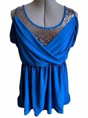 Vintage Y2K Sequin Babydoll Top Blue Made in Canada Party Club Cami Off Shoulder